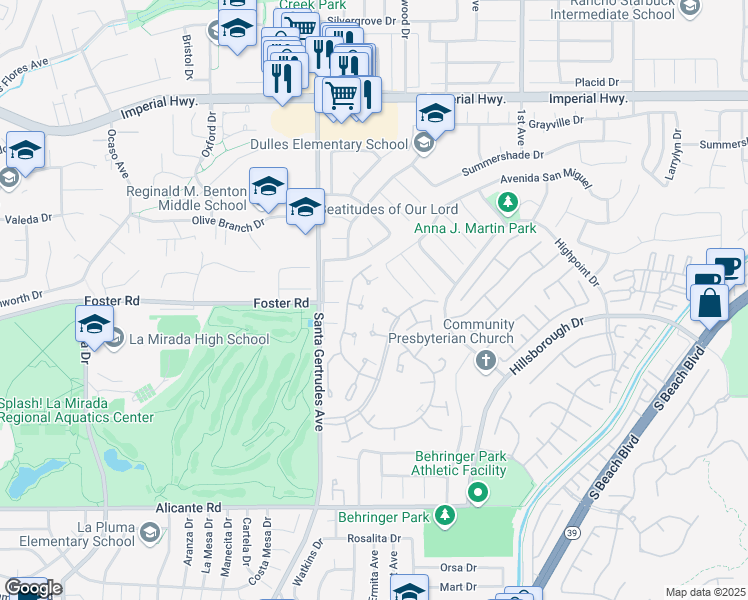 map of restaurants, bars, coffee shops, grocery stores, and more near 13202 La Jolla Circle in La Mirada