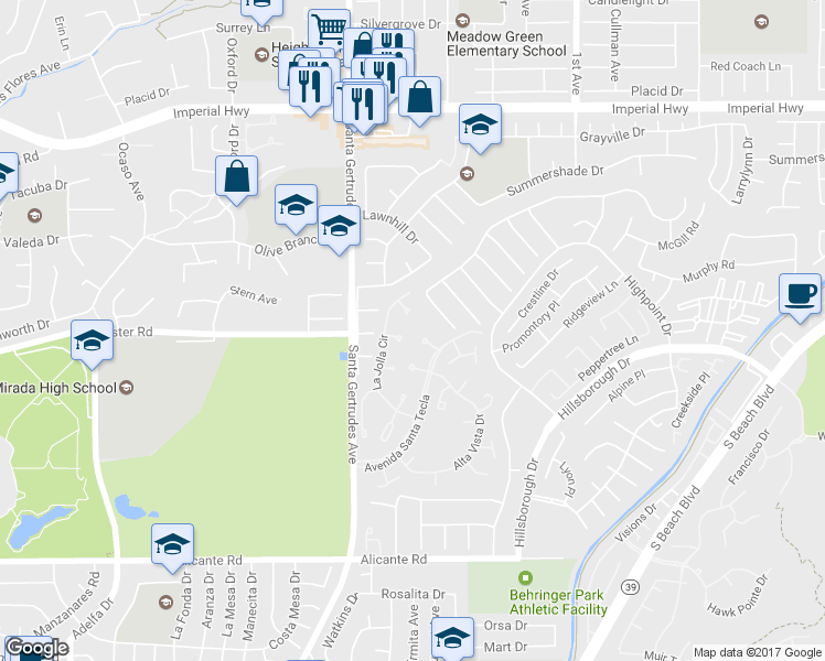 map of restaurants, bars, coffee shops, grocery stores, and more near 13219 La Salina Street in La Mirada