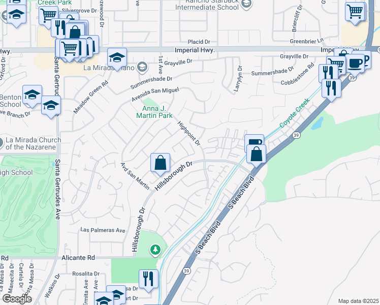 map of restaurants, bars, coffee shops, grocery stores, and more near 13332 Orangegrove Drive in La Mirada
