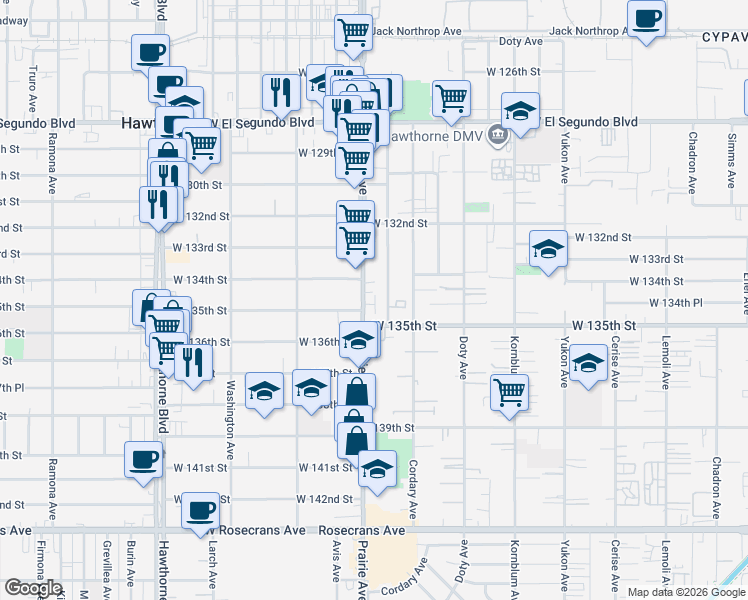 map of restaurants, bars, coffee shops, grocery stores, and more near 13444 Prairie Avenue in Hawthorne