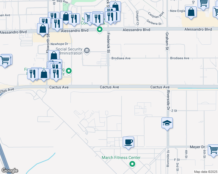 map of restaurants, bars, coffee shops, grocery stores, and more near 23601 Cactus Avenue in Moreno Valley