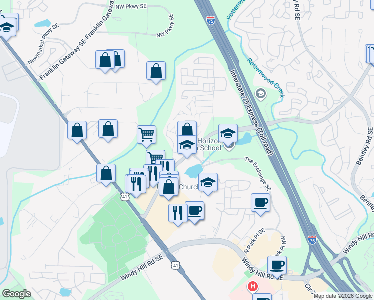 map of restaurants, bars, coffee shops, grocery stores, and more near 1716 Terrell Mill Road in Marietta