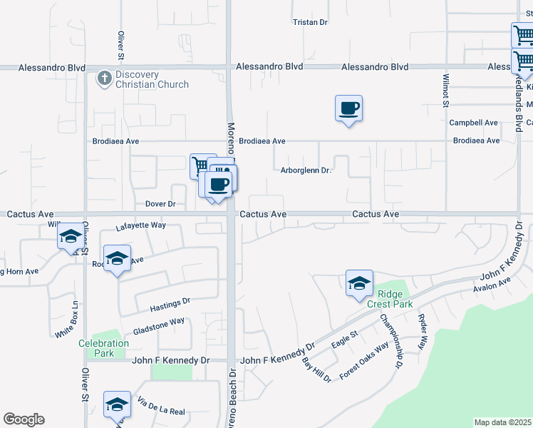 map of restaurants, bars, coffee shops, grocery stores, and more near 28070 Cactus Avenue in Moreno Valley