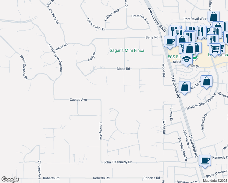 map of restaurants, bars, coffee shops, grocery stores, and more near 14435 Bush Avenue in Riverside