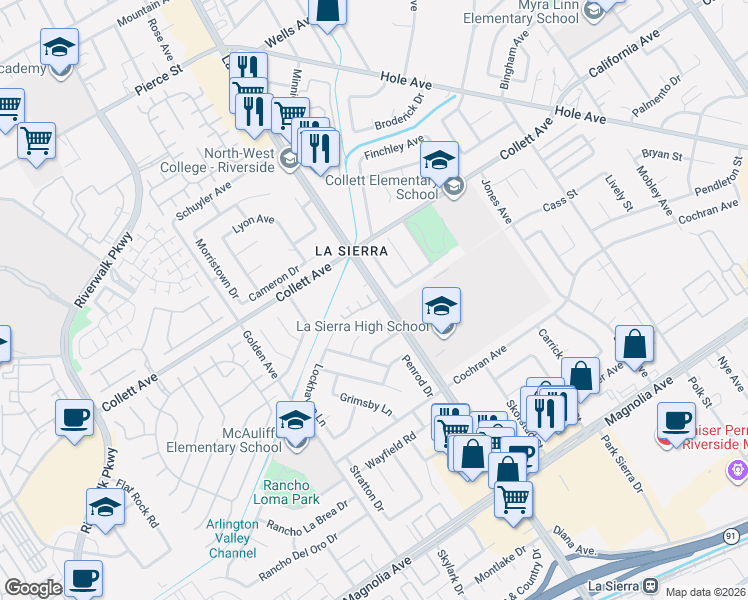 map of restaurants, bars, coffee shops, grocery stores, and more near 4203 Sunrose Drive in Riverside