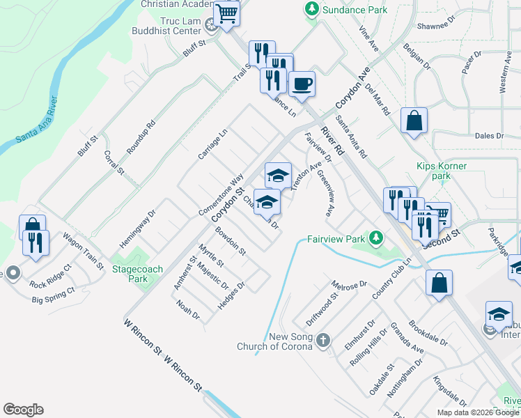 map of restaurants, bars, coffee shops, grocery stores, and more near 1881 Champlain Drive in Corona