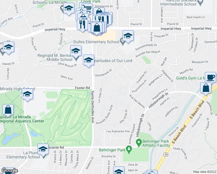 map of restaurants, bars, coffee shops, grocery stores, and more near 13219 La Salina Street in La Mirada