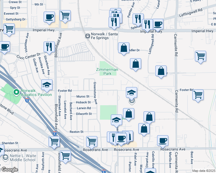 map of restaurants, bars, coffee shops, grocery stores, and more near 12903 Belcher Street in Norwalk