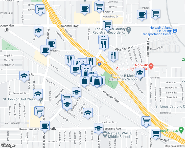 map of restaurants, bars, coffee shops, grocery stores, and more near 12116 Olive Street in Norwalk