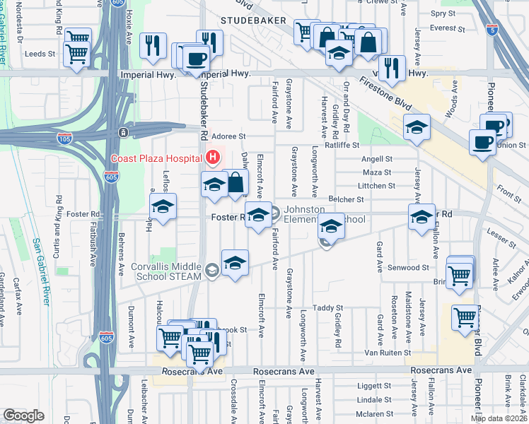map of restaurants, bars, coffee shops, grocery stores, and more near 13311 Fairford Avenue in Norwalk