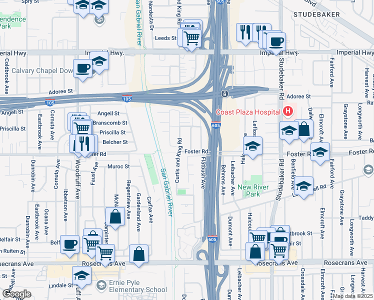 map of restaurants, bars, coffee shops, grocery stores, and more near 13312 Domart Avenue in Norwalk