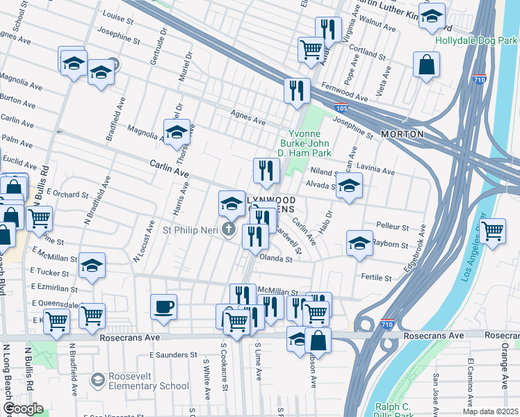 map of restaurants, bars, coffee shops, grocery stores, and more near in Lynwood