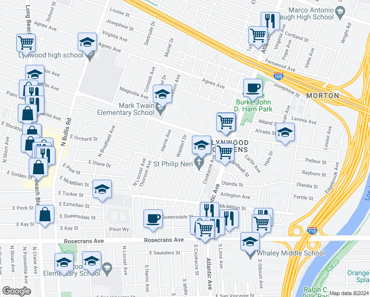 map of restaurants, bars, coffee shops, grocery stores, and more near 12422 Waldorf Drive in Lynwood