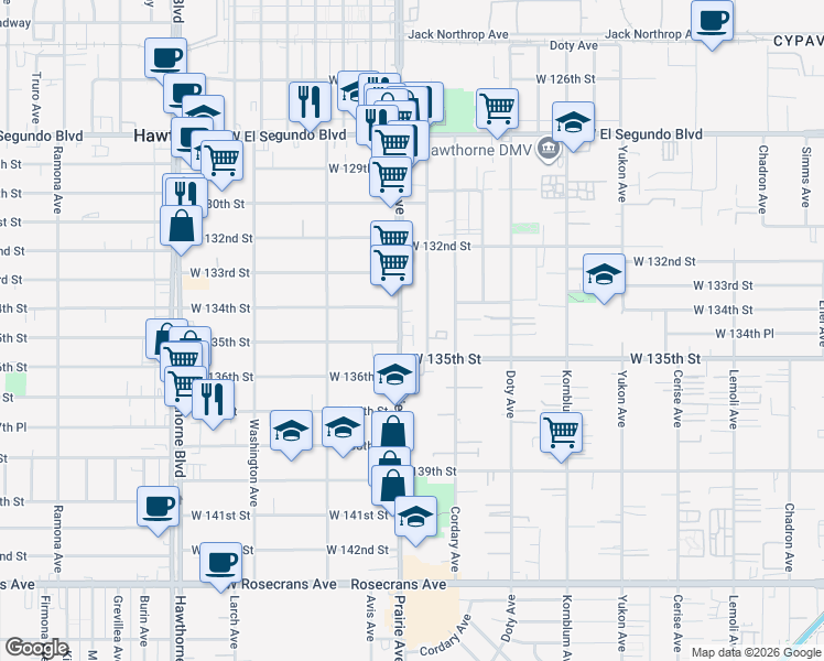 map of restaurants, bars, coffee shops, grocery stores, and more near 13444 Prairie Avenue in Hawthorne