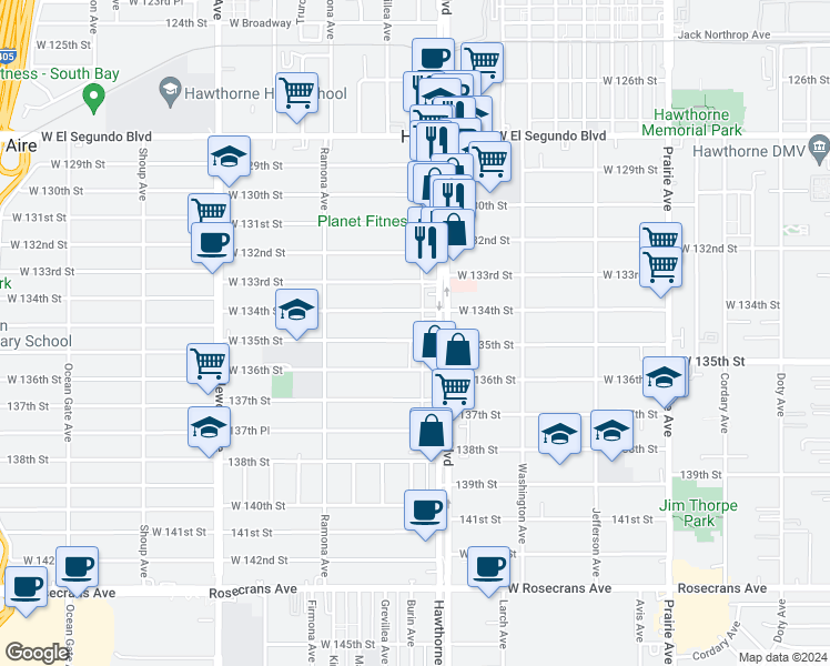 map of restaurants, bars, coffee shops, grocery stores, and more near 13415 Hawthorne Boulevard in Hawthorne
