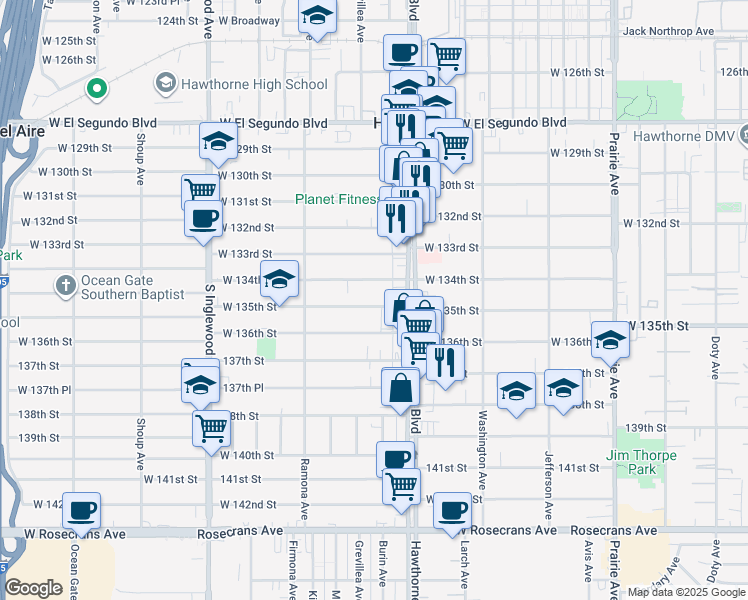 map of restaurants, bars, coffee shops, grocery stores, and more near 4470 West 134th Street in Hawthorne