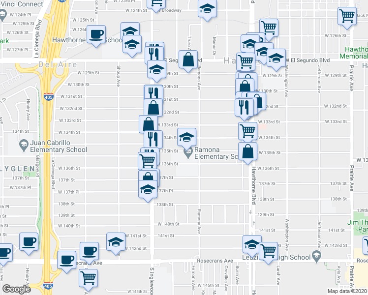 map of restaurants, bars, coffee shops, grocery stores, and more near 4678 West 134th Street in Hawthorne