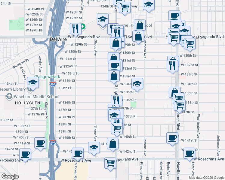 map of restaurants, bars, coffee shops, grocery stores, and more near 4817 134th Place in Hawthorne
