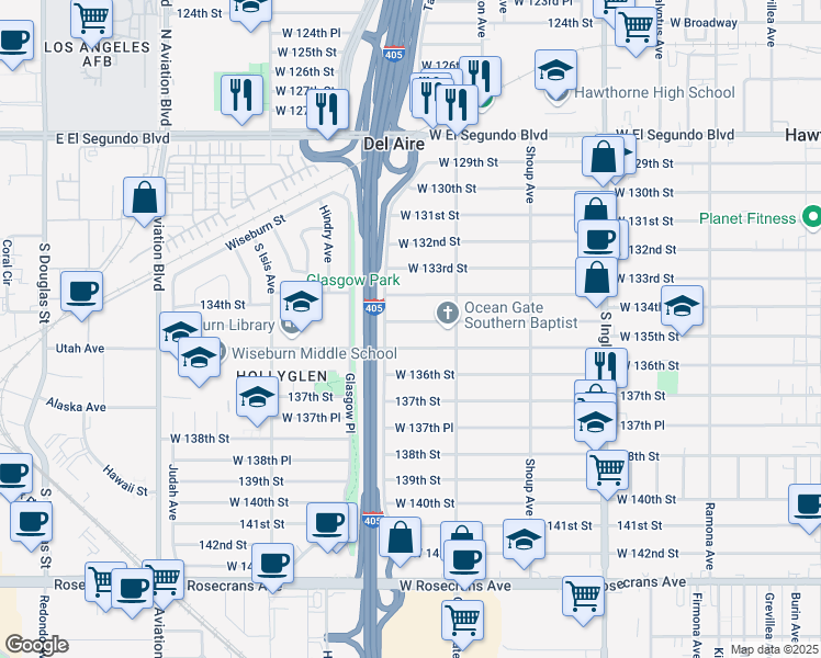 map of restaurants, bars, coffee shops, grocery stores, and more near 5169 134th Place in Hawthorne