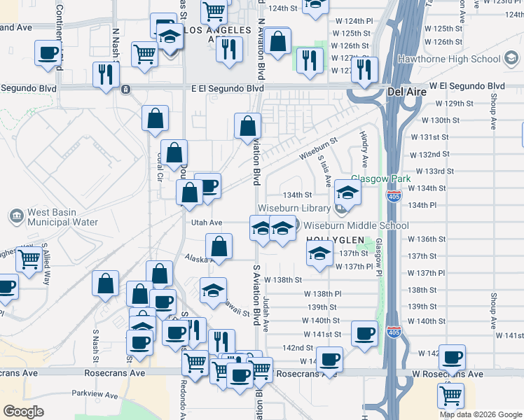 map of restaurants, bars, coffee shops, grocery stores, and more near 13413 Judah Avenue in Hawthorne