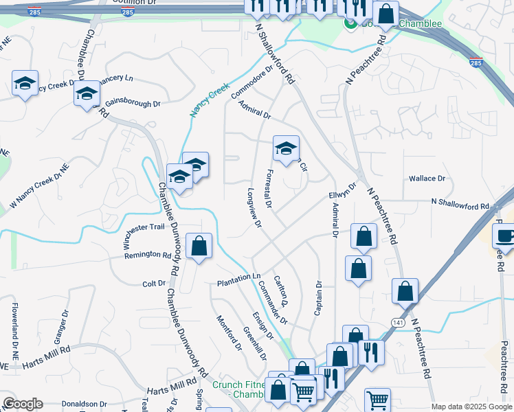 map of restaurants, bars, coffee shops, grocery stores, and more near 4008 Forrestal Drive in Chamblee