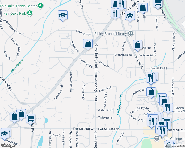 map of restaurants, bars, coffee shops, grocery stores, and more near 1746 Olive Springs Road Southeast in Marietta