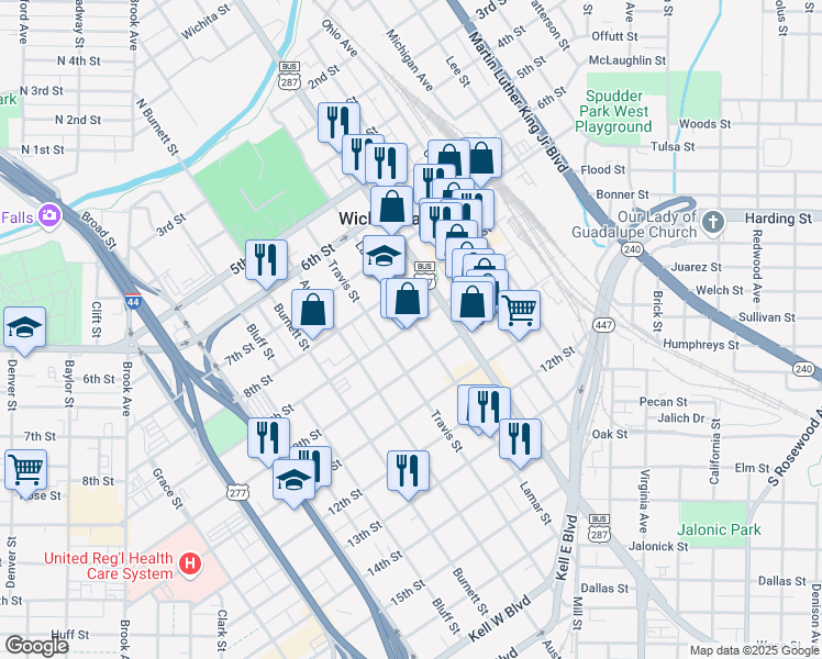 map of restaurants, bars, coffee shops, grocery stores, and more near 800-898 Lamar Street in Wichita Falls