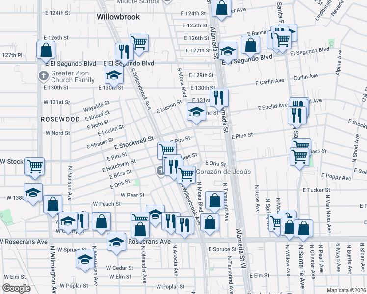 map of restaurants, bars, coffee shops, grocery stores, and more near 2401 East Hatchway Street in Compton