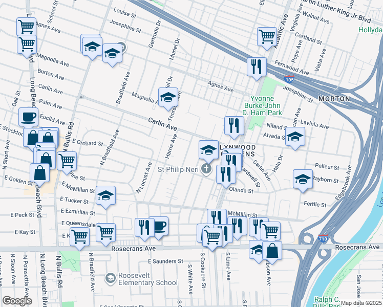 map of restaurants, bars, coffee shops, grocery stores, and more near 12500 Waldorf Drive in Lynwood