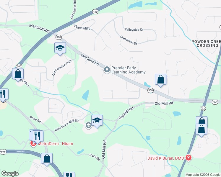 map of restaurants, bars, coffee shops, grocery stores, and more near 70 Macland Mill Court in Dallas