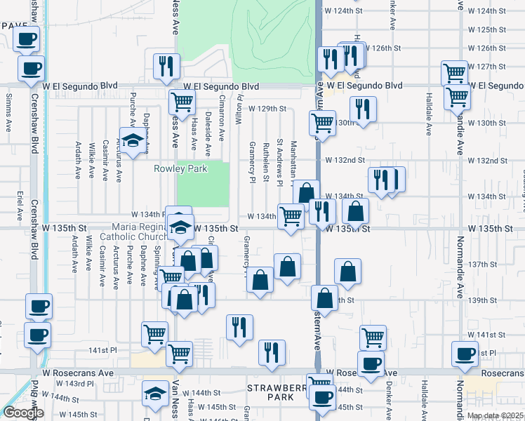 map of restaurants, bars, coffee shops, grocery stores, and more near 13331 Ruthelen Street in Gardena