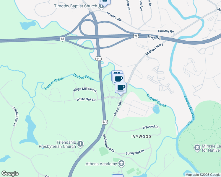 map of restaurants, bars, coffee shops, grocery stores, and more near 1022 Cherry Hills Court in Athens