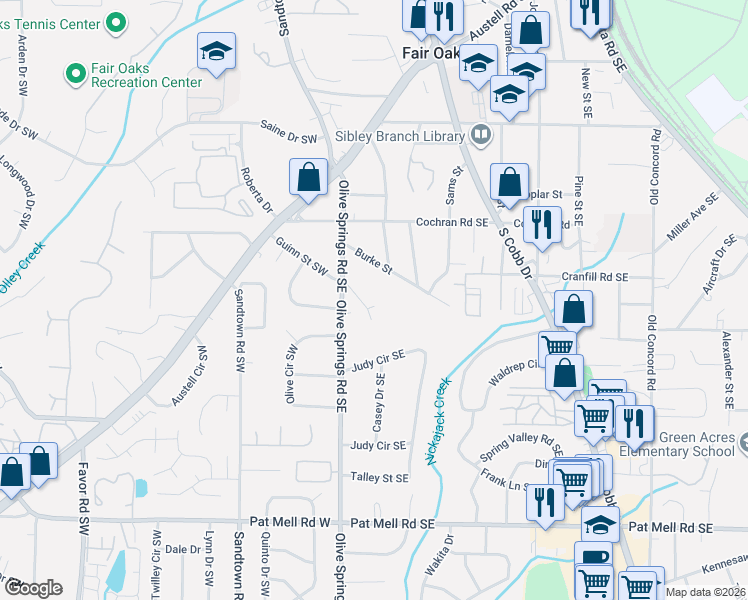 map of restaurants, bars, coffee shops, grocery stores, and more near 104 Olive Springs Road Southeast in Marietta