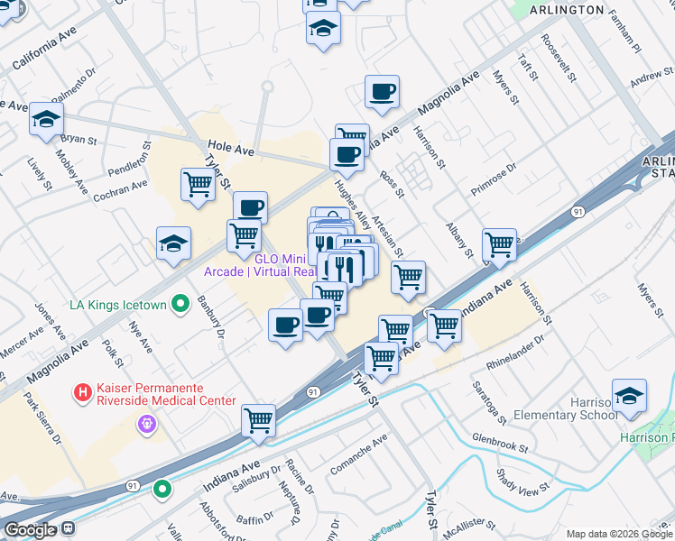 map of restaurants, bars, coffee shops, grocery stores, and more near 1299 Tyler Street in Riverside