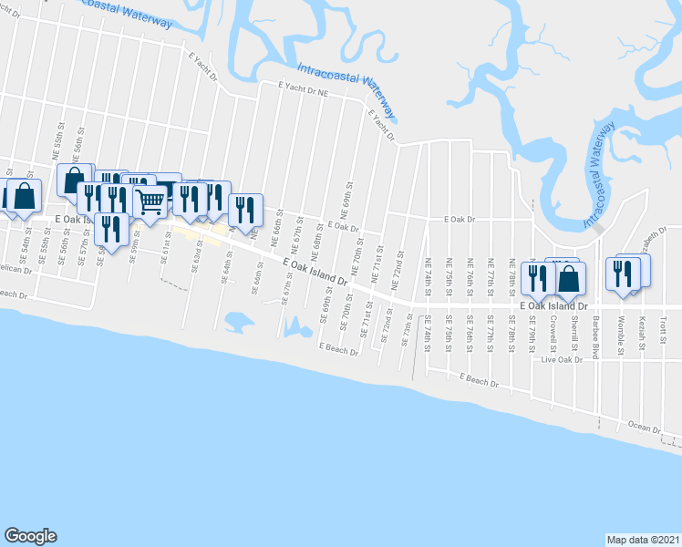 map of restaurants, bars, coffee shops, grocery stores, and more near 6904 East Oak Drive in Oak Island