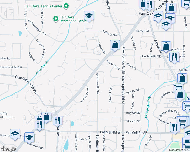 map of restaurants, bars, coffee shops, grocery stores, and more near 1763 Austell Road Southwest in Marietta