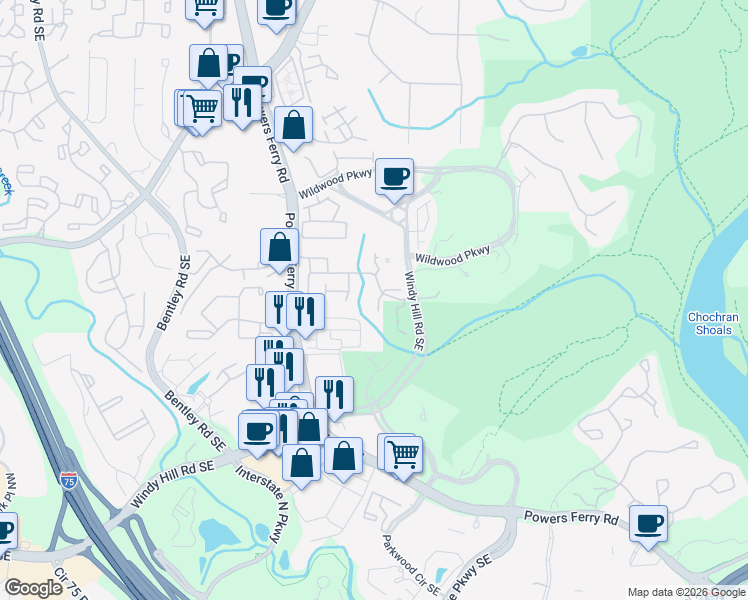 map of restaurants, bars, coffee shops, grocery stores, and more near 1736 Woodwalk Creek in Atlanta