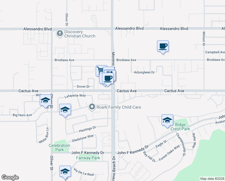 map of restaurants, bars, coffee shops, grocery stores, and more near Cactus Avenue & Moreno Beach Drive in Moreno Valley