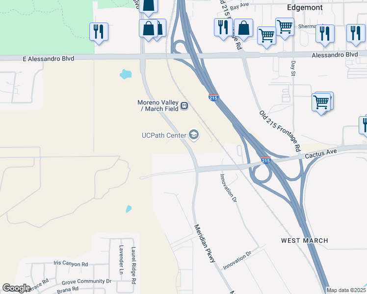 map of restaurants, bars, coffee shops, grocery stores, and more near 14407 Meridian Parkway in March Air Reserve Base