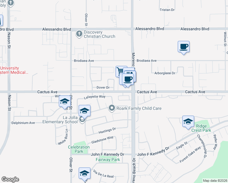 map of restaurants, bars, coffee shops, grocery stores, and more near Cactus Avenue in Moreno Valley