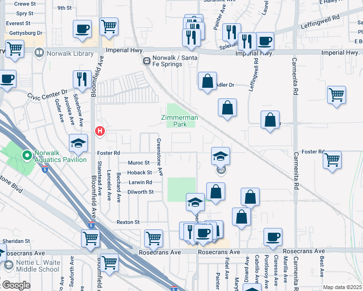 map of restaurants, bars, coffee shops, grocery stores, and more near 12903 Belcher Street in Norwalk