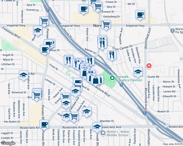 map of restaurants, bars, coffee shops, grocery stores, and more near 12121 Sproul Street in Norwalk