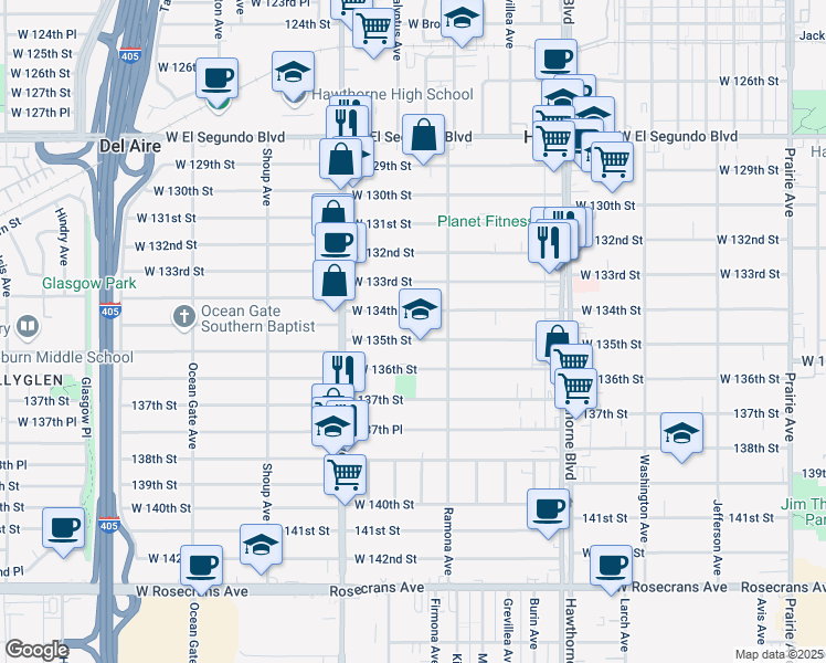map of restaurants, bars, coffee shops, grocery stores, and more near 4678 West 134th Street in Hawthorne
