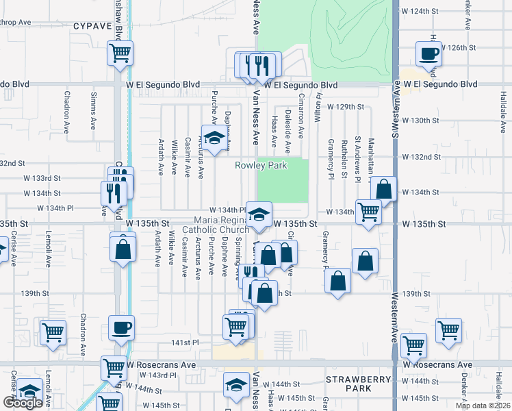 map of restaurants, bars, coffee shops, grocery stores, and more near 14015 Van Ness Avenue in Gardena
