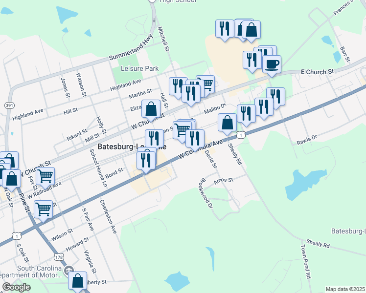 map of restaurants, bars, coffee shops, grocery stores, and more near 217 West Columbia Avenue in Batesburg-Leesville