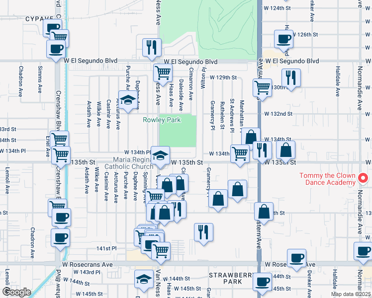 map of restaurants, bars, coffee shops, grocery stores, and more near 2111 West 134th Place in Gardena