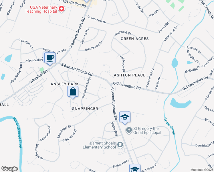 map of restaurants, bars, coffee shops, grocery stores, and more near 156 Rebecca Place in Athens