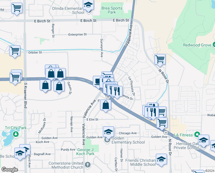 map of restaurants, bars, coffee shops, grocery stores, and more near 3301 East Imperial Highway in Brea