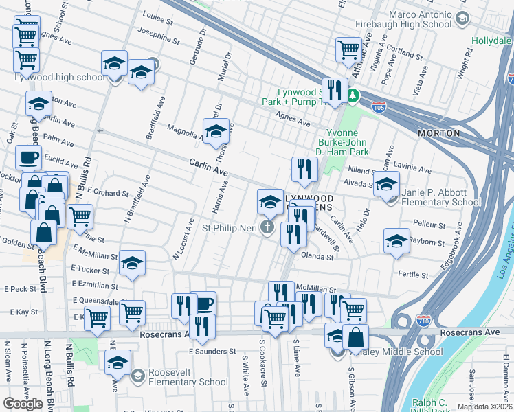 map of restaurants, bars, coffee shops, grocery stores, and more near 1913 North Castlegate Avenue in Compton