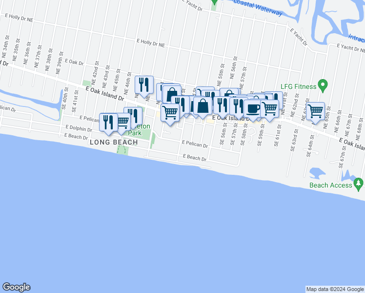 map of restaurants, bars, coffee shops, grocery stores, and more near 5203 East Pelican Drive in Oak Island